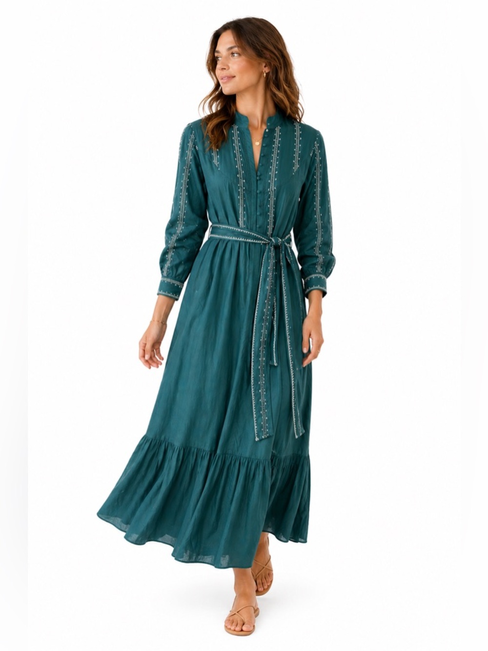 Ex Voto Sutton Emerald Embroidered Cotton Maxi Dress NWT Medium
